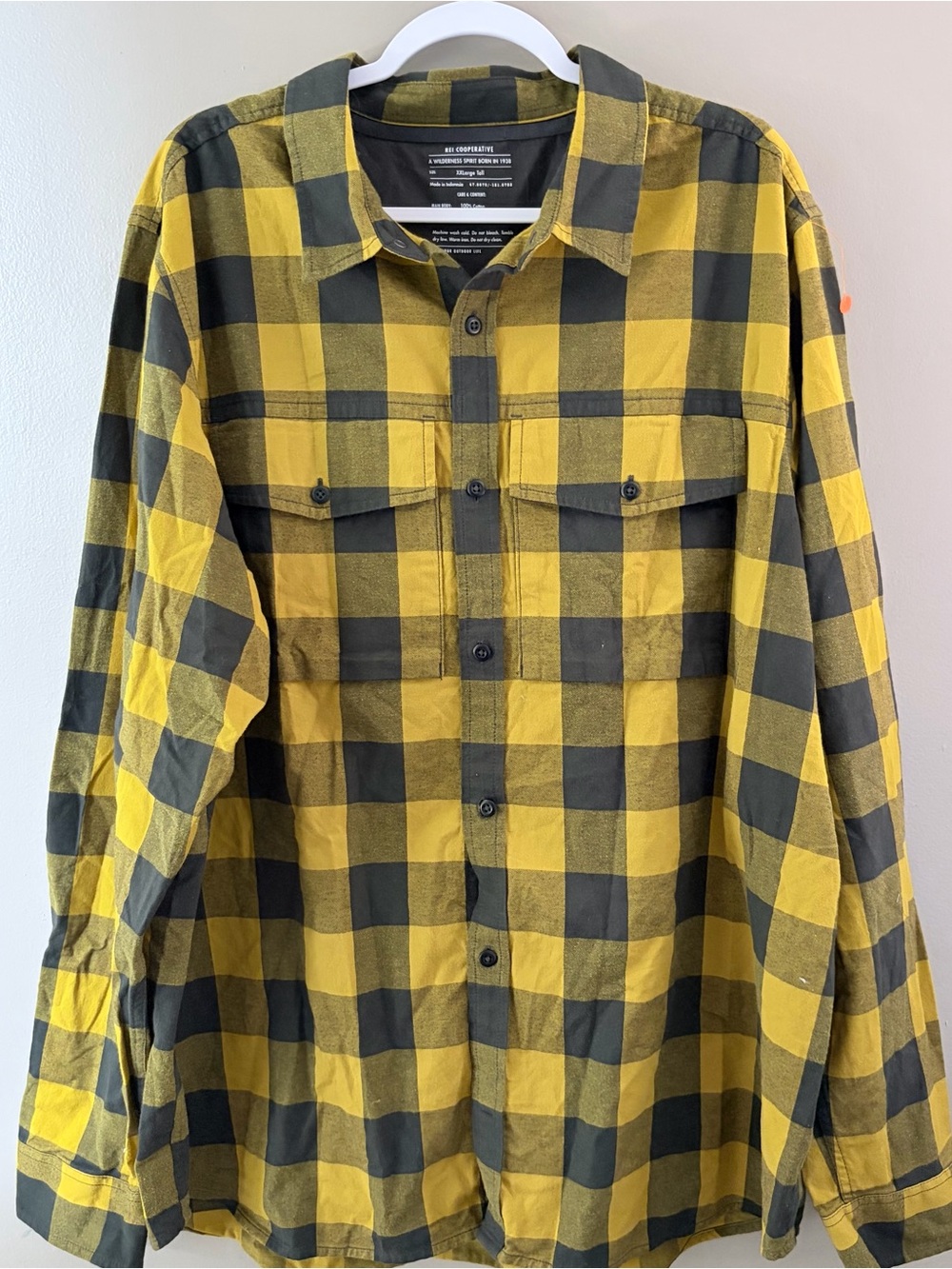 REI Co-op Mens Yellow Black Plaid Flannel Shirt Size XXL Tall